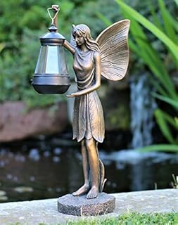 Solar Powered Fairy Garden Resin Ornament Angel Cherub with LED Light, Hand Painted Figurine Statue for Pond Porch Patio Yard Porch Decorations Bronze effect - 38cm