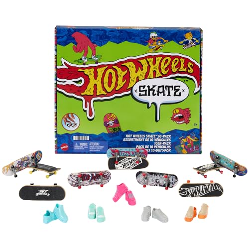 Hot Wheels Skate Fingerboards 10-Pack, Set of 10 Finger Skateboards with 5 Pairs of Removable Skate Shoes for Kids, Brand-Themed Graphics