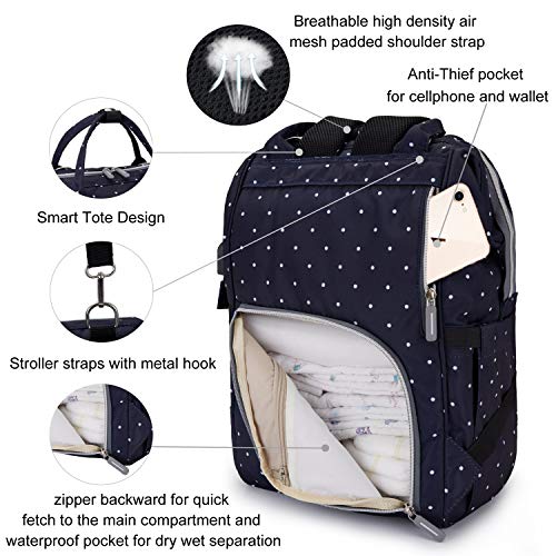 Qwreoia Diaper Bag Backpack Polka Dot Print With Usb Charging Port Stroller Straps And Insulated Pocket,Travel Nappy Backpack For Women/Mum (Navy Blue) #TOP4