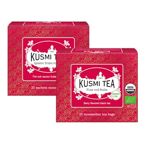 Kusmi Tea - Cuatro Frutos Rojos -Té Negro 100% Orgánico con Sabor a Fresas, Frambuesas, Grosellas y Cerezas - Té con Cafeína - Juego de 2 Cajas - 2x20 Bolsas