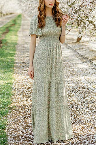 Image of Kranda Women 2025 Summer Fall Crewneck Short Sleeve Smocked Floral Maxi Dress