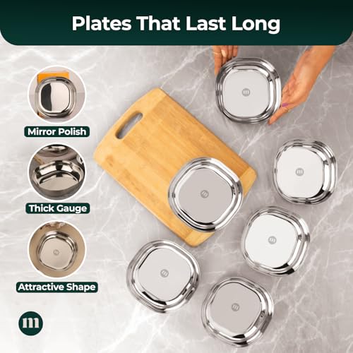 Image of MARU Steel Small Square Snacks /Serving Plates Set of 6 (14 cm Each), Multi-Utility Quarter /Diet Plates for Small Meals with Mirror Finish Design, Perfect for Breakfast, Nashta, Dessert & Daily Use