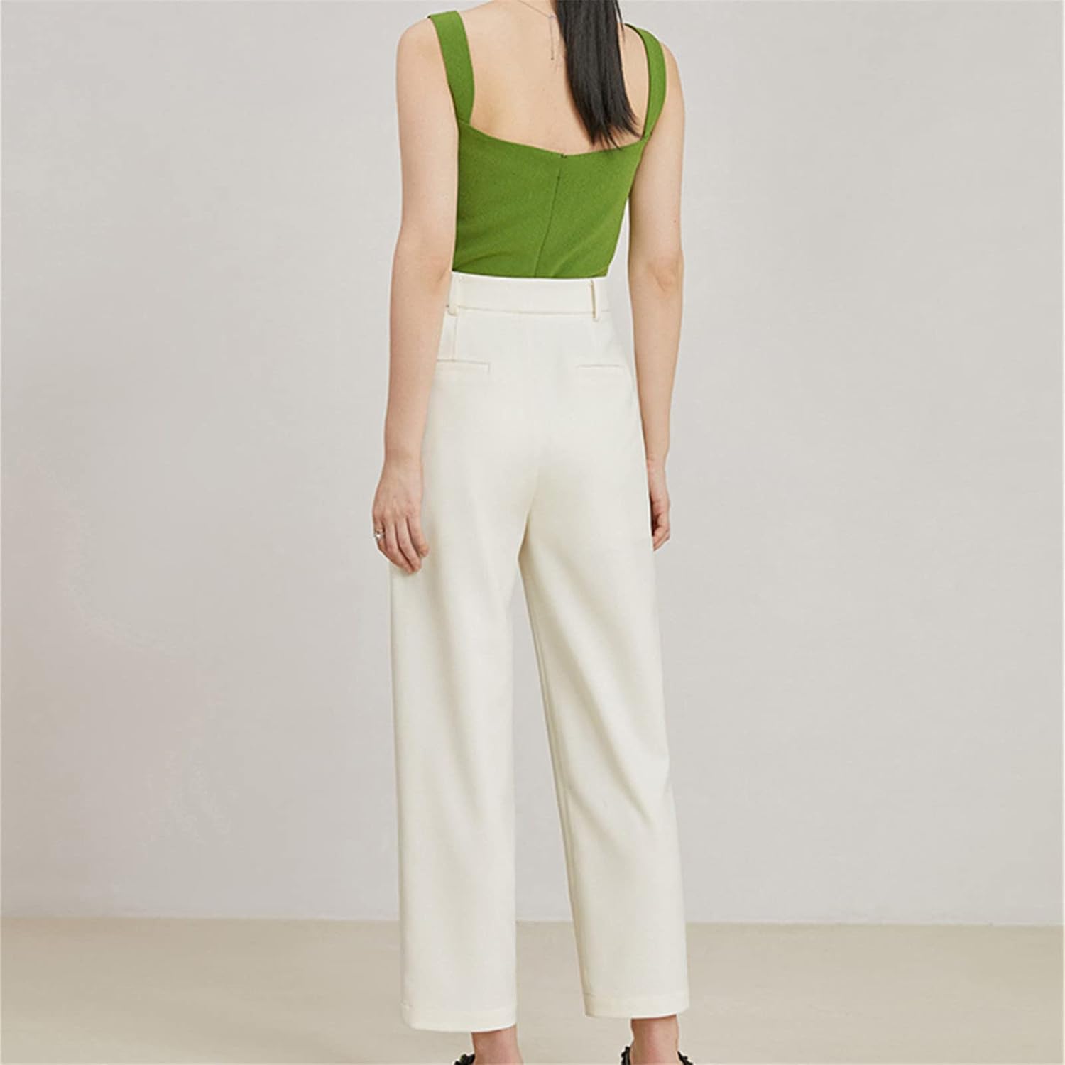 High Waist Casual Trousers Office Worker Simple Straight Cropped Trousers Pocket Decorative Twill Women's Trousers