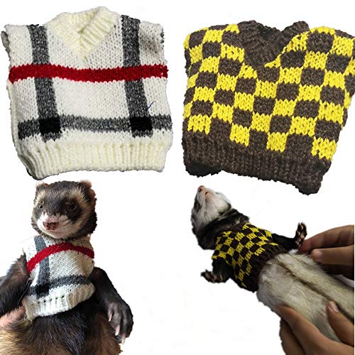 Ferret Clothes Small Animal Sweater - Warm Winter Knitted Sweatershirt for Bunny, Guinea Pig, Squirrel - Halloween Party Cosplay Photo Shoot Apparel (2 Pcs White Stripes+Yellow Grid)