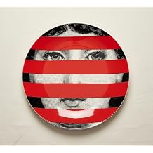 8 Ceramic Decorative Wall Plate Italian-Style Modern Art Face Design, Elegant Tabletop or Wall Decor Accent, Gift-Ready with Hanging Hook & Wooden Stand Red Striped Muse