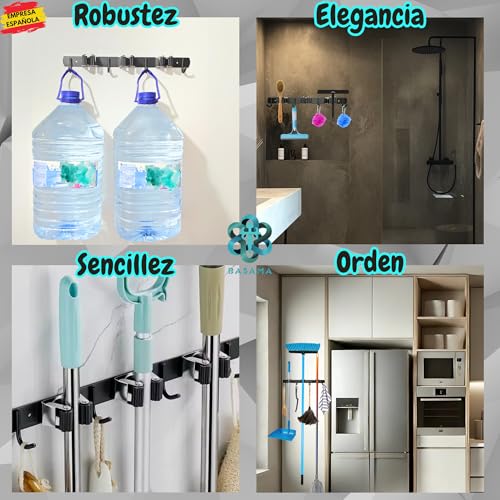 Miniatura 6 de Basama Colgador Escobas Y Fregonas De Acero Inoxidable De 38 Cm 2 Soportes Individuales Adhesivos Soporte Escobas Pared Con Adhesivo 3m Y Tornillos