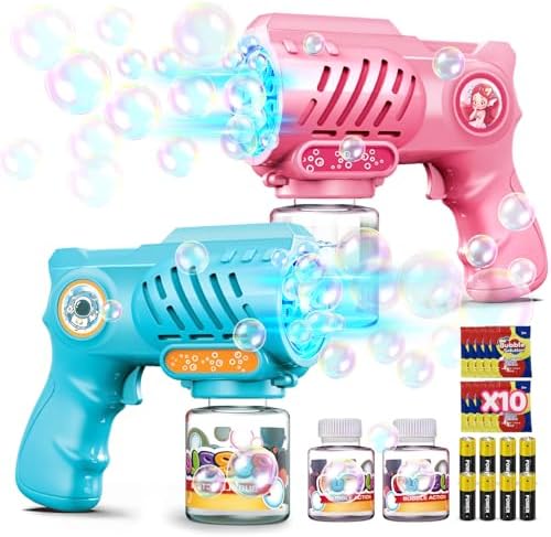Reenovan Bubble Guns for Kids, 2 Pack Light Up Bubble Maker with 10-Hole, 2 Bubble Solution Bottles, 10 Bubble Refill, 8 Batteries Included, Outdoor Summer Gift Toys for Birthday Easter Party Favor