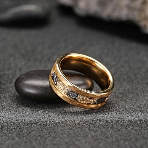 Mens Tungsten Carbide Wedding Bands 8mm Black Hammered Edge Gold Foil Inly Durable Scratch Proof Stainless Steel Cool Promise Ring for Him Comfort Fit3