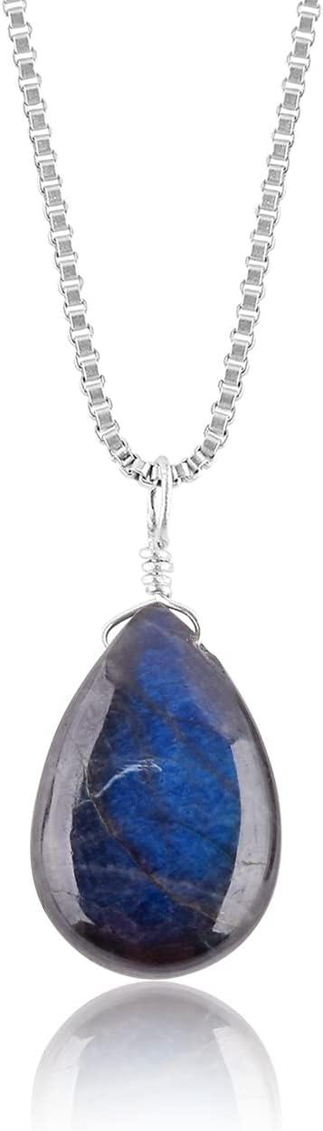 YANARA Blue Labradorite, Spectrolite Pendant Necklace for Women Birthstone Dainty Handmade Jewelry Silver Plated Chain 18 inch
