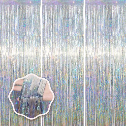 Voircoloria Laser Silver Foil Fringe Backdrop Curtains, 3.3x8.2ft, 3 Pack