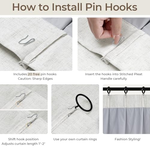 Pinch Pleated Blackout Curtains 90 Inches Long, Linen Blend, 100% Blackout Drapes with 20 Hooks, Ideal for Bedroom and Living Room, 40" W x 90" L (Pack of 2), Neutral White