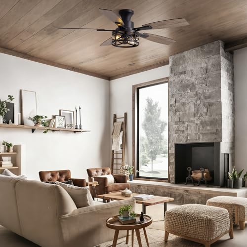 Image of 50 Inch Flush Mount Black Caged Ceiling Fan with Lights, Low Profile Farmhouse Ceiling Fan for Bedroom Living Room and Patio, Ceiling Fans and Remote Control for Indoor and Outdoor