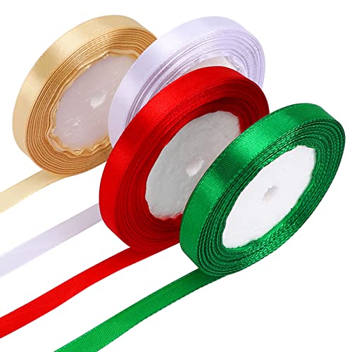 JUNEBRUSHS 4 Rolls Christmas Ribbons 10mm Wide, Red Green Gold White