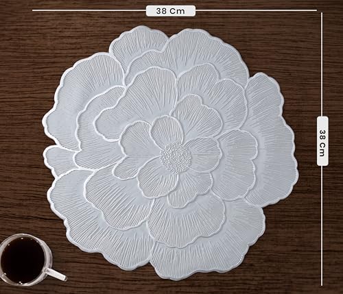 Image of Yellow Weaves 1 Pc PVC Round Table Placemat, Dining Table Mat, Stain Resistant, Anti-Skid, Waterproof, Washable, Dining, Kitchen, Restaurant Table Set Easy to Clean, Durable (Floral Silver)