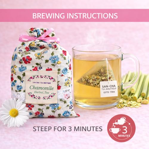 Image of SAN-CHA Tea Boutique Pure Chamomile Herbal Tea Bags, Caffeine Free (Pack Of 15) Pyramid Tea Bags,100% Biodegradable, Plastic Free Tea Bags, Sleep Tea, Bed Time Tea, 20 Gram