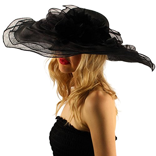 Victorian Layered Sinamay Floral Feathers Derby Floppy Wide 7"+ Dress Hat Black