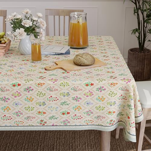 Image of Encasa XO Dining Table Cover Cloth for 6 to 8 Seater | 140x240 cm Rectangular Table Cloth | Water Repellent Polyester Tablecloth for Indoor & Outdoor Use - French Beige Digital Print