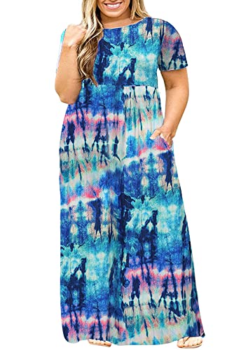 Image of Kancystore Women's Plus Size Maxi Dress with Pockets Summer Dresses XL-5X | Plus Size High Waisted Long Length Beach Dress, Empire Waist Round Neck Casual Dress, Solid Striped Floral Tie Dye Colors