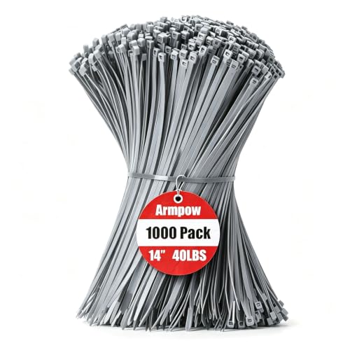 Image of Armpow 14 Inch Zip Ties Silver 1000 PCS, 40 Lbs- Heavy Duty Tensile Strength, Nylon PA66 UV Resistant Cable Ties for Indoor and Outdoor Use - Ideal for object bundling and fastening