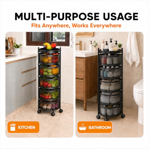 Image of Homeor 5 Layer Kitchen Trolley with Wheels | 360 Rotating Metal Storage Rack for Vegetables, Fruits, Onion & Spices | Square Multipurpose Kitchen Organizer Stand | Metal Kitchen Trolley, Matte Black