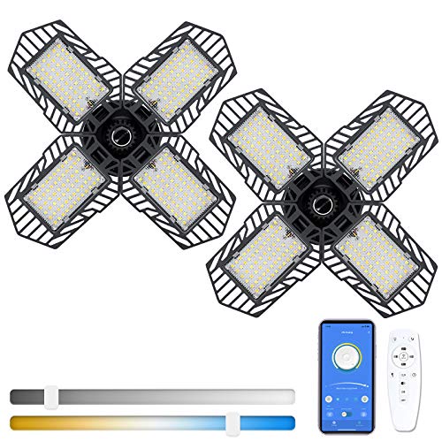 Dimmable Led Garage Lights 2 Pack, 120W Color Temperature Adjustable Deformable Garage Lighting with Remote Control, APP Control Timing Garage Lights Ceiling Led for Storage, Basement,Garage ect