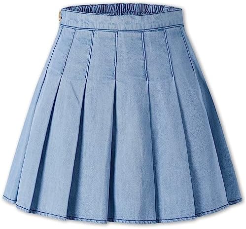 SANGTREE Denim Pleated Skirt, Jean Mini Skirt for Girls, A-line High Elastic Waist for Kids Girl, Light Denim Blue, 3-4T