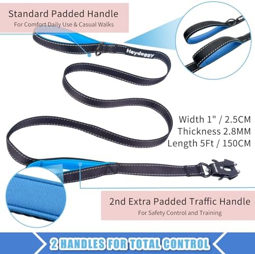 Strong Heavy Duty Dog Leash - 5ft Reflective Nylon Training Leash with Soft Padded Double Handle & Auto Lock Frog Clip - Safety Traffic Control for Large Medium Small Dogs No Pull Walk Black Blue,5ft - 4