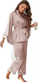 Pijama Feminino Cetim toque de Seda Kimono Robe Calça e Manga Flaire