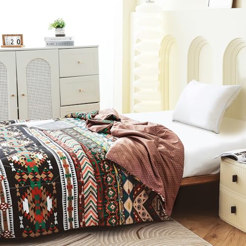 Image of Ac Comforter Single Bed Boho with Satin Finish 240 GSM - Reversible AC Comforter - Black & Yellow, Aztec Comforter Quilt Duvet Dohar Blanket for Summer 150 X 225 cm