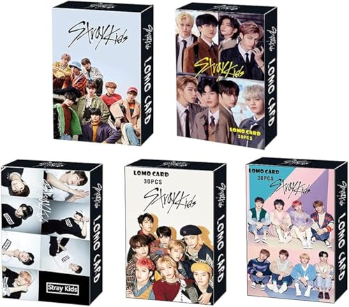ZHENGGE 5 Pack/150 Pcs Stray Kids Lomo Karte Kpop Fotokarten Grußkarte mit Postkarten-Box