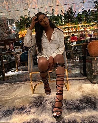 LISHAN Womens Gladiator Knee High Sandals Open Toe Lace Up Criss Cross Strappy Stiletto Heels - Image 3