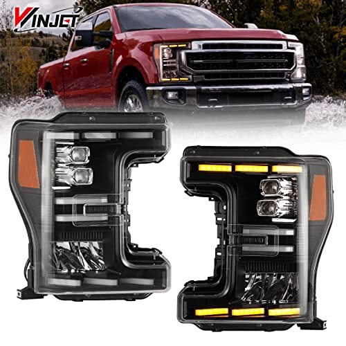 Winjet LED Headlight Assemblies for 2017-2019 Ford F250 F350 F450 F550 Super Duty Full LED Design DRL/Dual Beam/Sequential Turn Signal/Amber Reflector Projector Headlights Assembly LH+RH Black/Clear