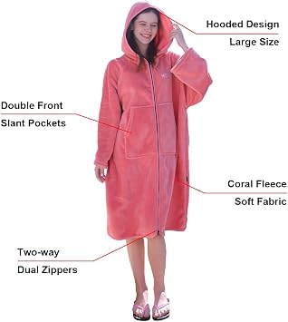Hiturbo Adult Changing Towel Robe: Zipper Oversized Hooded Swimming Poncho - Fleece Coat for Surf Beach Pool Bath