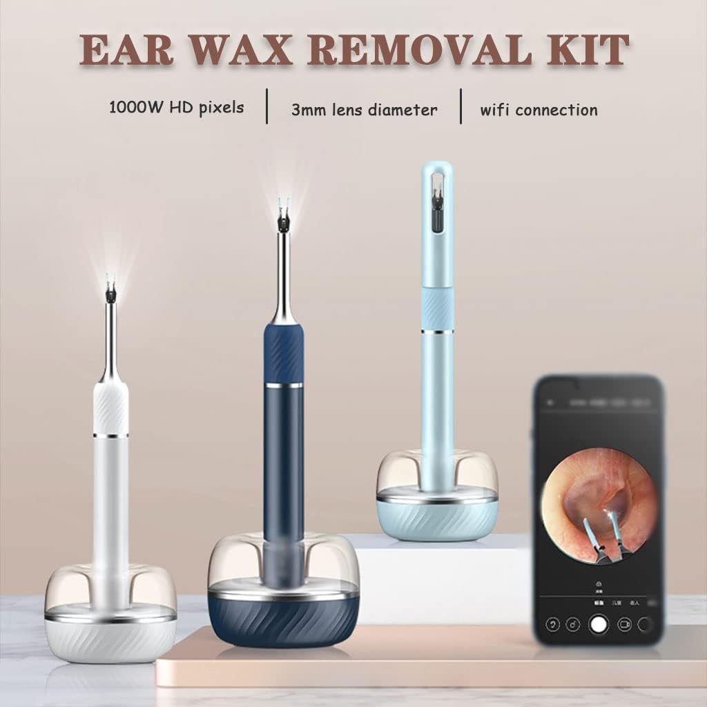 Ear Wax Removal Kit Household Multifunctional Otoscope, with Tweezers 1080P HD Ear Camera Set, Smart Endoscope with Storage Base, Powerful WiFi Chip(Blue B)
