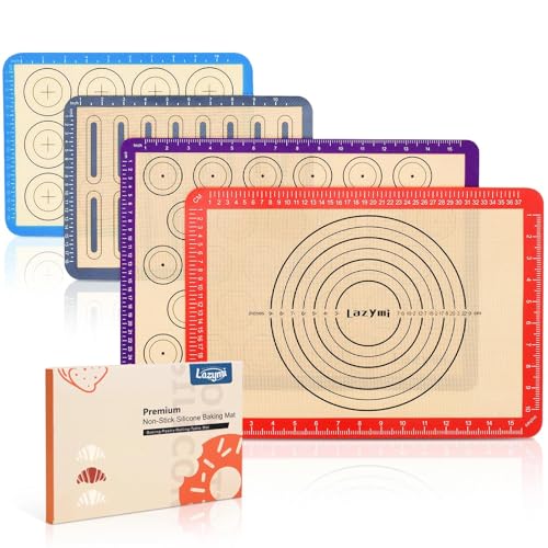 Lot de 4 Tapis de Cuisson en Silicone, Anti-Adhérent Feuille de Cuisson Patisserie avec Mesures, Tapis de Four pour Macaron/Biscuit/Pâte, Set de Table en...