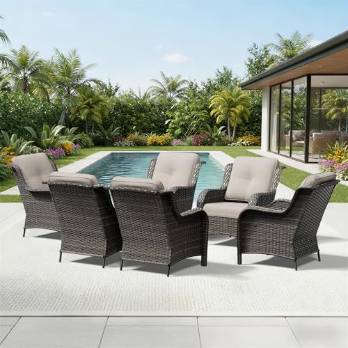 Image of Joyside 6 Piece Wicker Patio Furniture Set, Rattan Patio Chairs with High Back, Deep Seating, Wide Armrest, Thickened Cushions, Outdoor Furniture for Deck, Porch Use