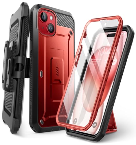 SUPCASE for iPhone 15 Case with Stand & Belt-Clip(Unicorn Beetle Pro), [Built-in Screen Protector] [Military-Grade Drop Protection] Heavy Duty Rugged Phone Case for iPhone 15 6.1 Inch 2023, Ruddy