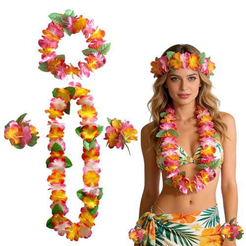 Hawaiian Leis Set Hawaiian Garland Hawaiians Tropical Beach Fancy Dress Party Decorations Fancy-dress Party Accessories Beach Theme Party Supplies Summer Beach Party Decorations for Kid and Adult