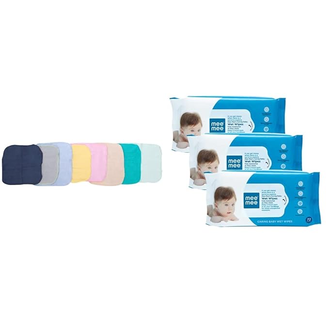 Mee Mee Absorbent Baby Napkins, Multicolor (Pack of 8) & Caring Baby Wet Wipes with Aloe Vera (72 pcs/Pack) (Pack of 3) Combo