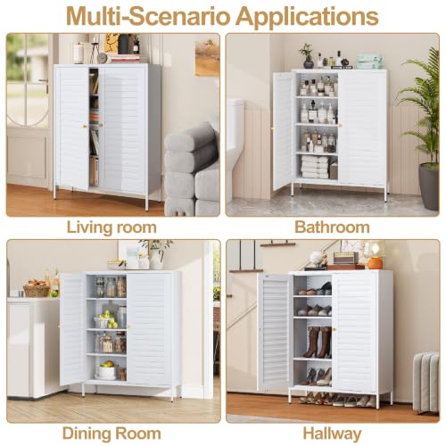 Image of 40 inch Kitchen Pantry Cabinet, Entryway Storage Cabinet, White | Heavy Duty Metal, Fluted Doors, 3 Adjustable Shelves, 5-Tier, Modern, Multi-Purpose for Living Room, Office, Apartment