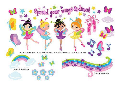 Ballerina Fabric Wall Decals, Set Of 4 Beautiful Ballerinas With Butterflies, Musical Notes, Rainbow And More, Repositionable & Reusable #TOP1