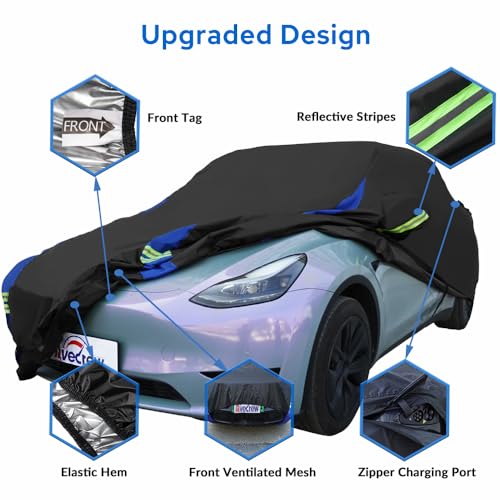 Image of Avecrew Car Cover for Tesla Model Y, Custom Fit Full Exterior Cover with Charging Port and Breathable Ventilation Mesh, Waterproof All Weather Outdoor Rain Snow Sun Protection Cover