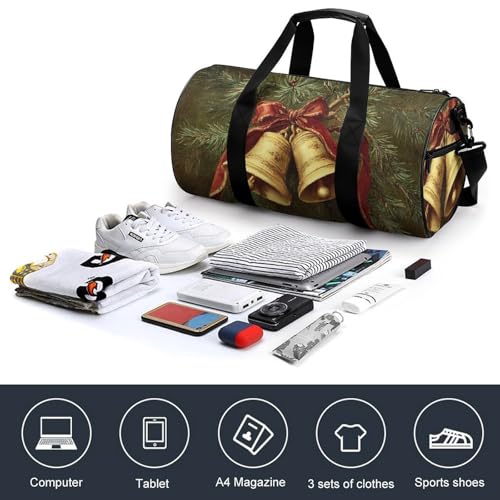 Vintage Two Golden Bells Red Ribbon Travel Gym Bag for Women Men Cylindrical Duffle Bag Sport Workout Bag with Shoulder Strap4