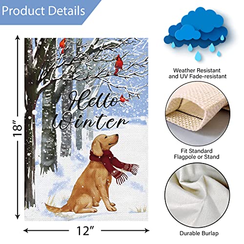 Louise Maelys Hello Winter Golden Dog Garden Flag 12X18 Double Sided, Burlap Farmhouse Small Cardinal Retriever Garden Yard Flags For Winter Seasonal Outside Outdoor House Holiday Decor (Only Flag) #TOP3