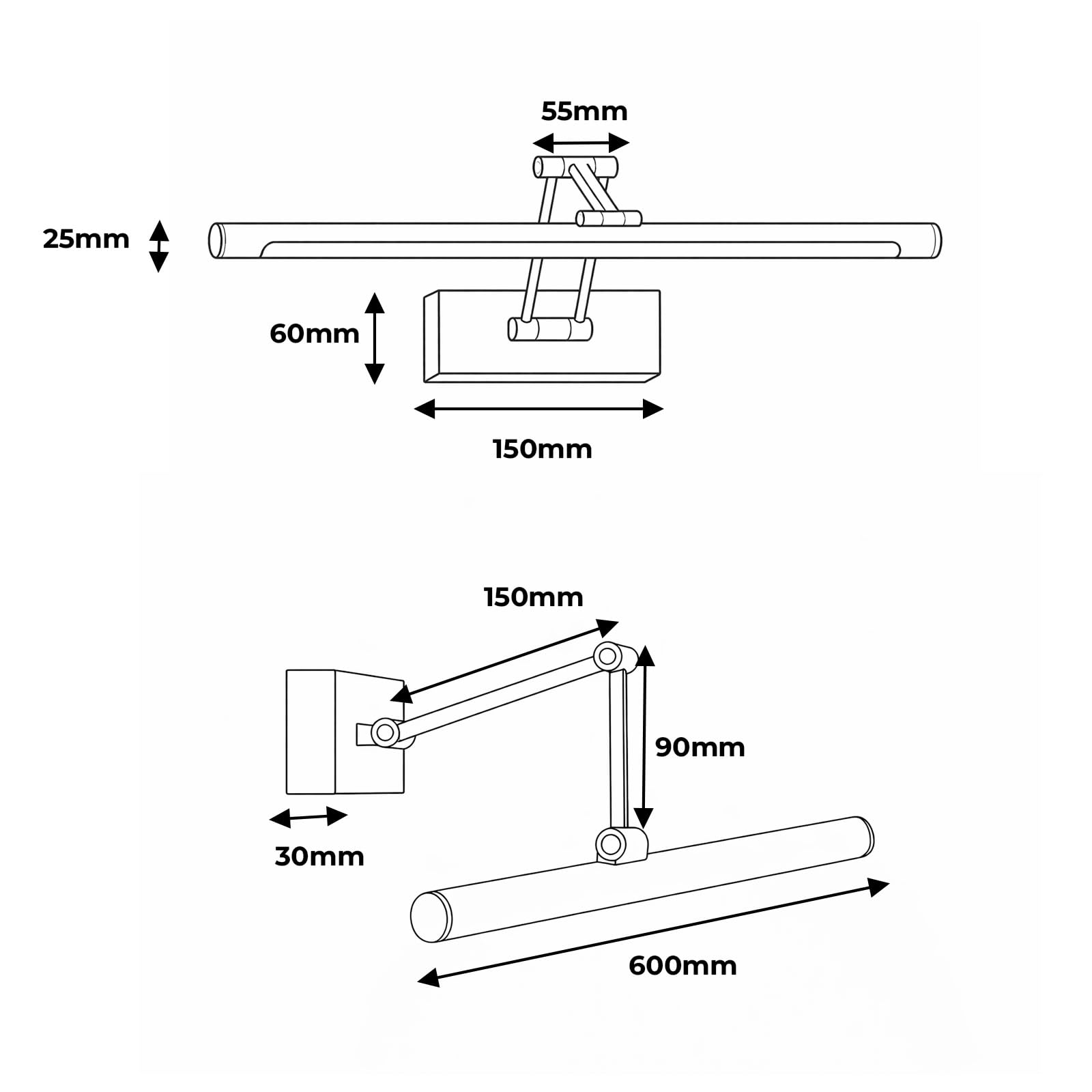 Alpinaluz Aplique LED para Cuadros 60 cm 12W en Aluminio Negro – Brazo Doble Articulado Orientable en 3 Ejes, Luz Cálida 2800K, Diseño Moderno Elegante para Iluminación Interior en Estudio y Hogar