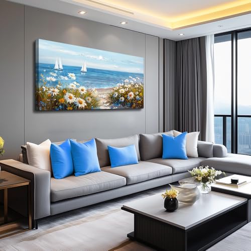 PHAOHUAXM Wall Art For Dining Room Kitchen Blue Ocean Landscape Painting Art Pictures Living Room Decor Vintage Landscape Canvas Print Suitable For Bedroom Office Farmhouse Wall Decoration 24x48 In