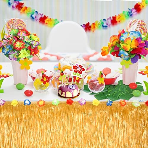 Chennyfun 108PCS Hawaiian Tropical Party Decoration Set, Hawaiian Grass Table Skirt, Palm Leaves, Hawaiian Flowers, Cake Solitaires, Flower Banners for Hawaiian Themed Beach Party