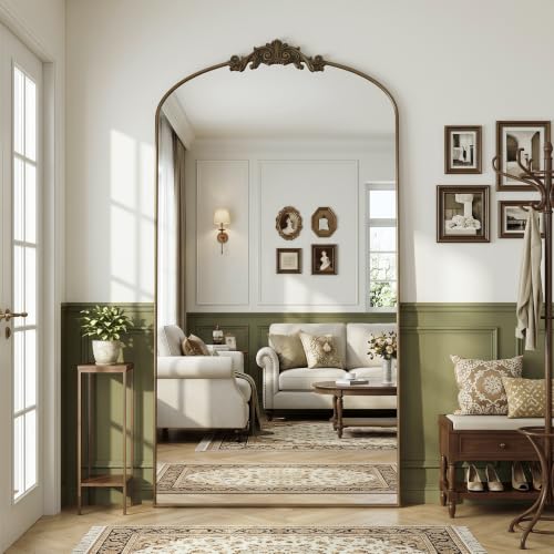 Antok Arched Full Length Mirror, 90"x46" Floor Mirror with Carved, Full Body Mirrors for HomeDecor, Standing/Halling Large Wall Mirror for Bedroom, Living Room, Cloakroom, Bronze, Retro Style