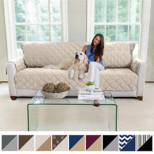 MIGHTY MONKEY Premium Reversible X-Large Oversized Sofa Protector for Seat Width up to 78 Inch, Furniture Slipcover, 2 Inch Strap, Couch Slip Cover Throw for Pets, Dogs, Kids, Cats, Sofa, Beige Latte
