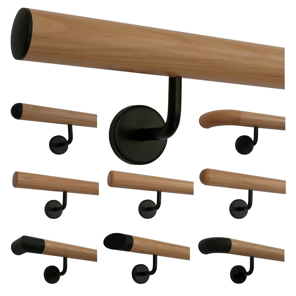 TIBU Buche Holz Handlauf Geländer 30-500cm im Set schwarze Halter Wandhandlauf Wand Treppe, Länge 150 cm mit 3 Halter Enden leicht gewölbte schwarze Kappen